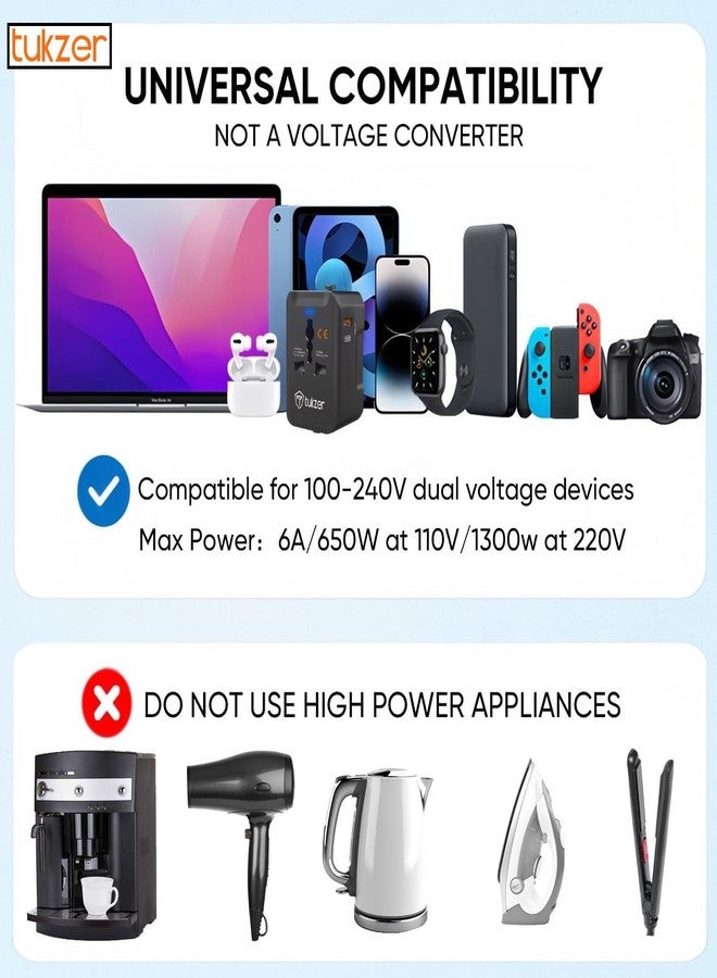 توكزر محول سفر عالمي من توكزر مزود بمنفذ إخراج USB-A بقوة 18 واط ومنفذ USB-C PD بقوة 20 واط، ومقبس عالمي، محول شحن سريع دولي متكامل لشحن أجهزة الكمبيوتر المحمولة/ماك بوك والهواتف المحمولة - أسود - Image 5